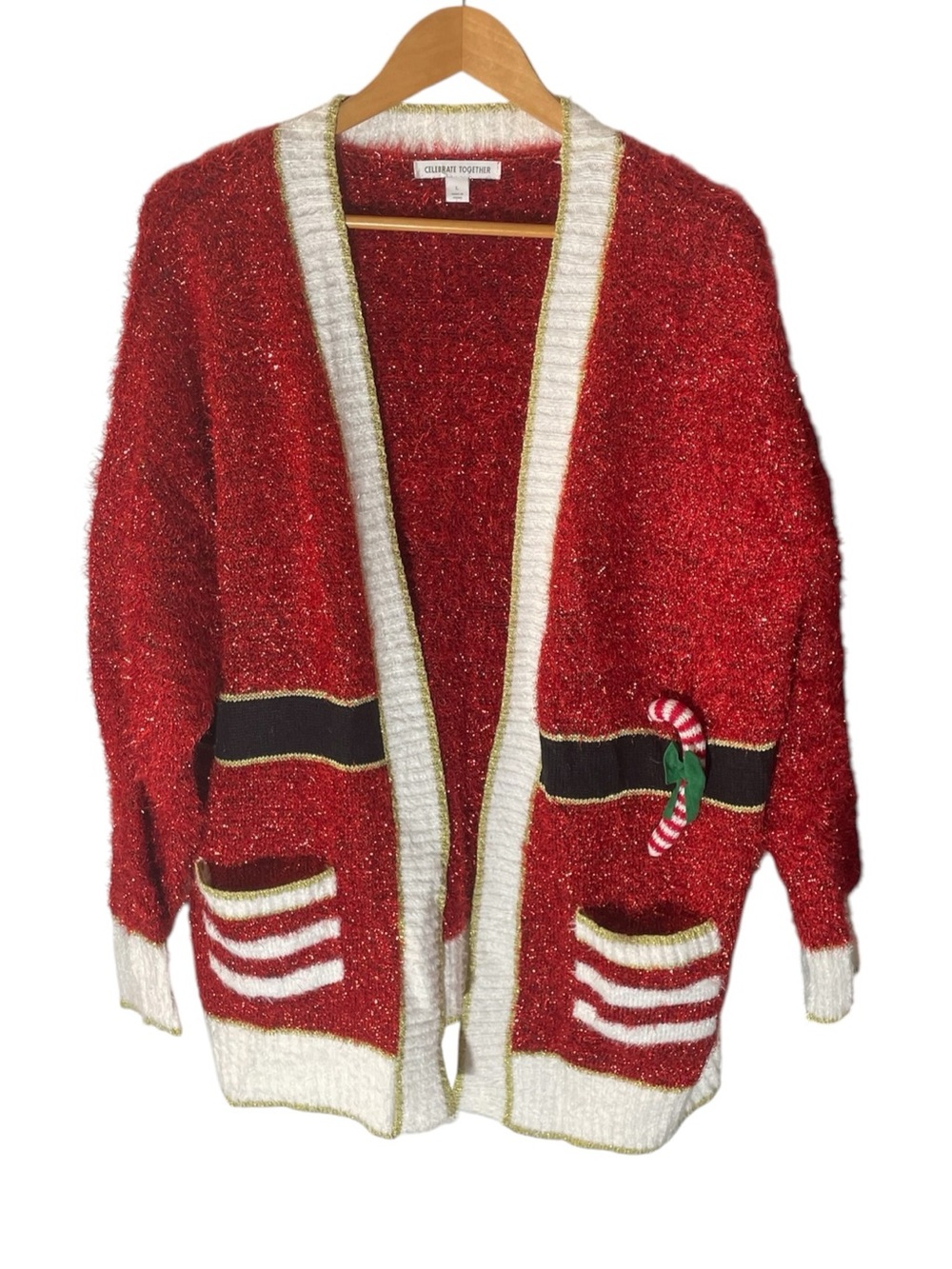 C15- Holiday Red Open-Front Sweater Cardigan with Candy Cane Accent Large